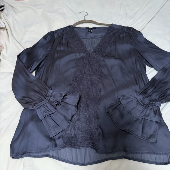 PAIGE Tops - Paige Charcoal & Black Lace Trim Satin Blouse Women’s Small